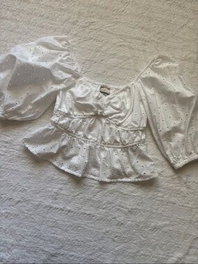 White Eyelet Peplum Puff Sleeve Top